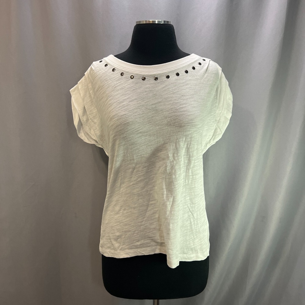Evereve Blouse Top Womens XS White Cotton Textured Knit Studded Neck Cap Sleeve